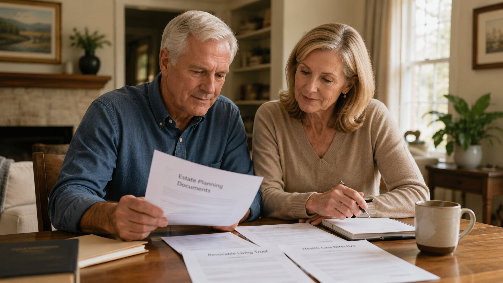 Family reviewing living trust documents at a table
